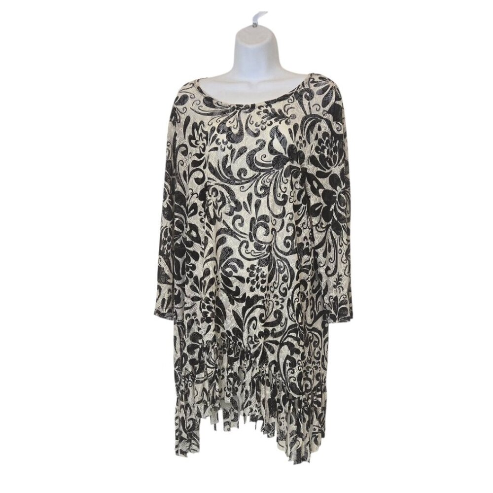 Chico's Travelers Baroque Lace Fringe Boho Top Black Cream Sz 3 (16)